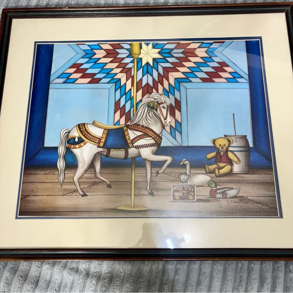 B. Cummings  84 730/2000 Carousel Horse with Teddy bear Art work‎ 32x25